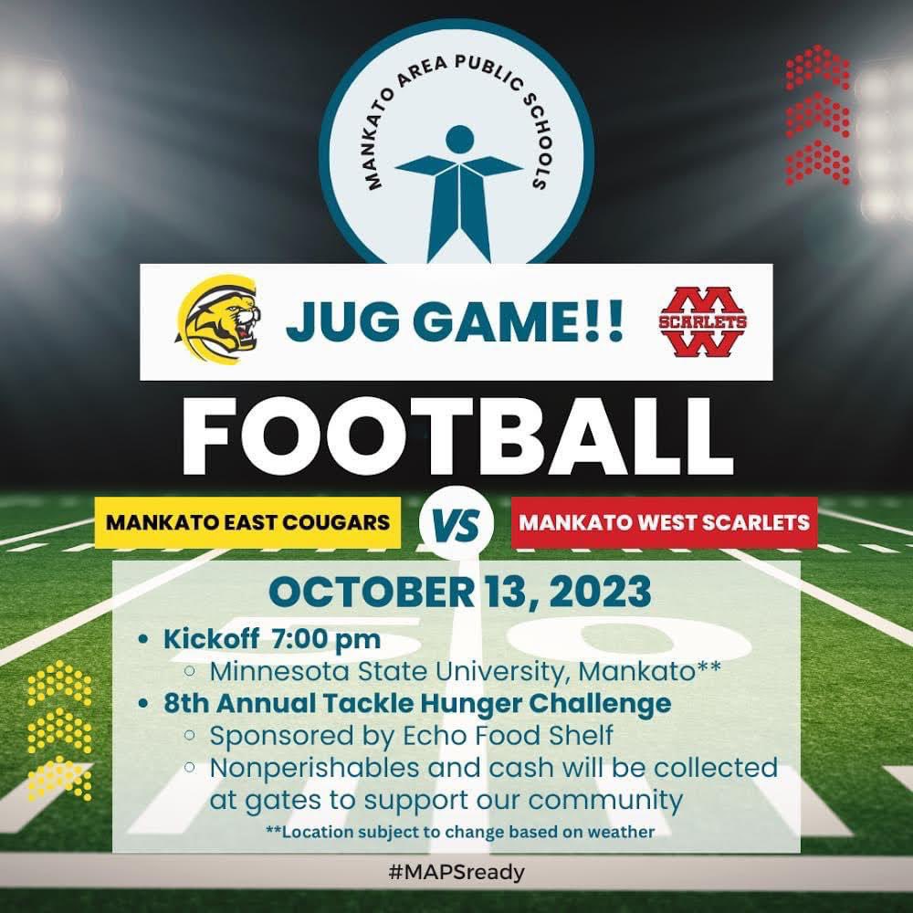 Wonderful opportunity to support Mankato Football and tackle hunger by donating money or food tonight! Game will be at Wolverton Field - Mankato East HS. #MAPSready #fighthunger #WeAreMEHS