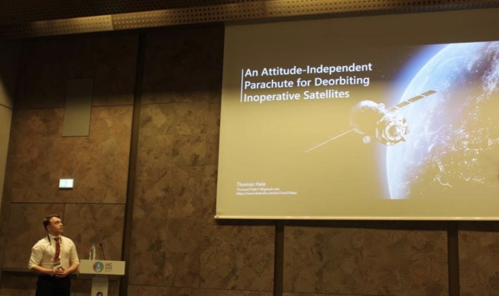 Our mechanical engineer, Tom, attended the International Astronautical Federation #IAC2023 in Baku, Azerbaijan last week. Tom attended the event after being selected to represent the UK with his talk on “An Attitude-Independent Parachute for De-orbiting Inoperative Satellites”.