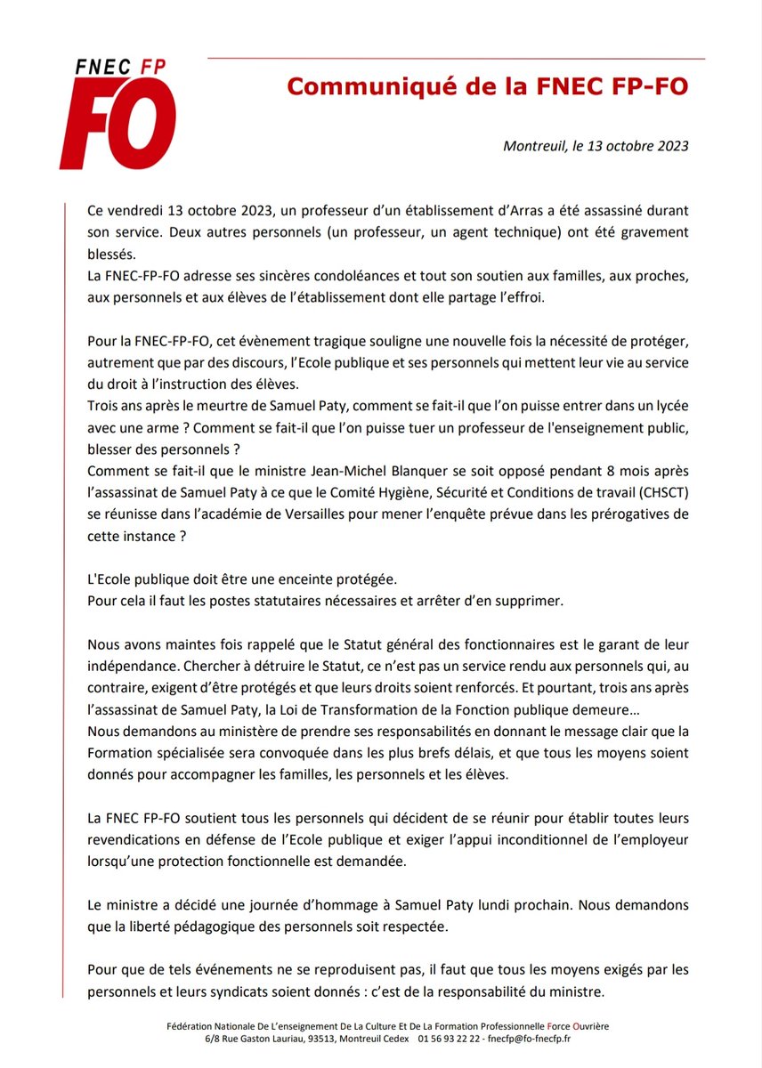 Arras : Communiqué de la FNEC FP-FO