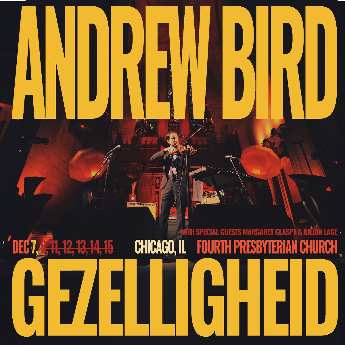Last call for Gezelligheid tickets. Tickets are available for the 12/7 show, all other nights have sold out. Special guests Margaret Glaspy and Julian Lage join on all dates. Tickets: andrewbird.net/#tour
