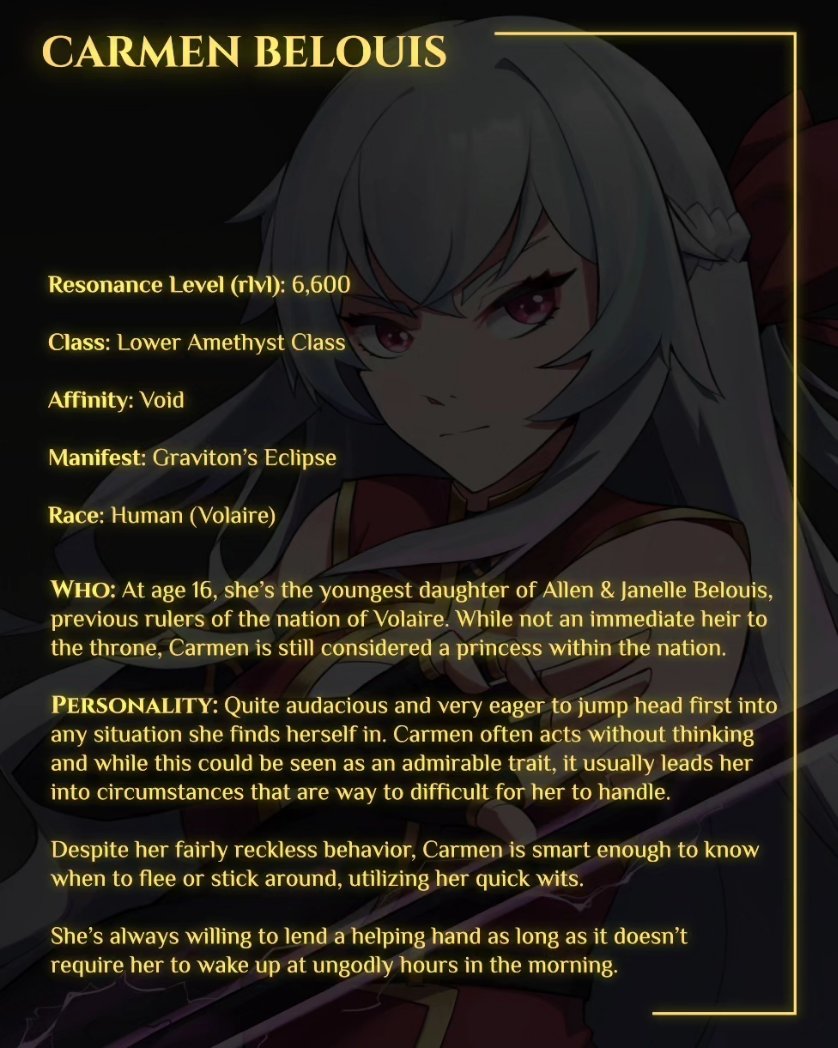 Meet Carmen Belouis, the main character of Manifest War! Follow for more character profiles like this! 

Read the novel here: 
royalroad.com/fiction/74347/…

Art by. <a href="/yirienkaki/">Yirienkaki | COMMS OPEN</a>