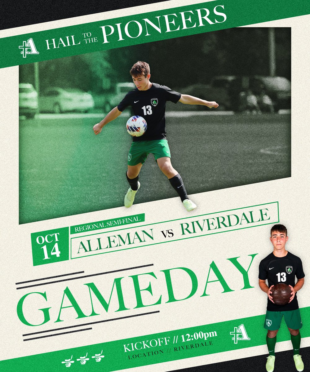 AllemanBSoc's tweet photo. 𝐏𝐨𝐬𝐭-𝐒𝐞𝐚𝐬𝐨𝐧 𝐁𝐞𝐠𝐢𝐧𝐬 𝐓𝐨𝐦𝐨𝐫𝐫𝐨𝐰!
Cheer on the Alleman Pioneers as they open up post-season play tomorrow in the Regional Semi-Final vs Riverdale.  🟢⚽️
† 𝐆𝐀𝐌𝐄𝐃𝐀𝐘 † 

🆚 Riverdale
📅 Oct. 14
🕰️ 12:00PM
📍 Riverdale High School

#AllemanSoccer † https://t.co/vGddzHu7D0