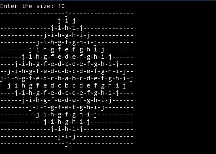 Zhully11's tweet image. Python program to print Rangoli pattern using Alphabet
#100daysofcoding #100DaysOfCode #pythonprogramming #CodingJourney #Coding