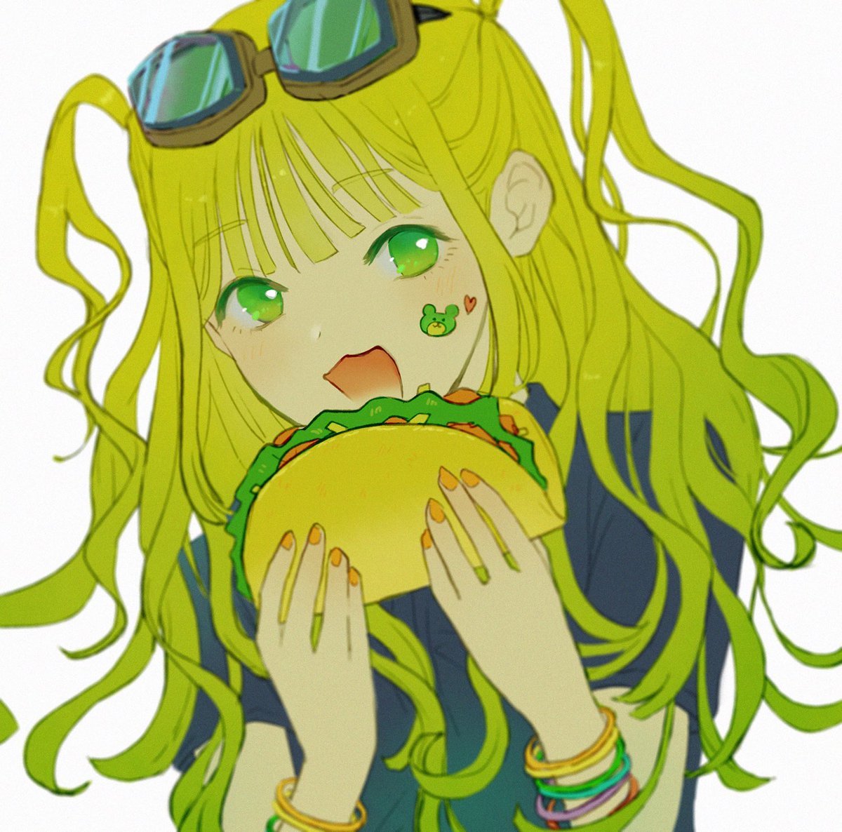 1girl food solo green eyes bracelet long hair jewelry  illustration images