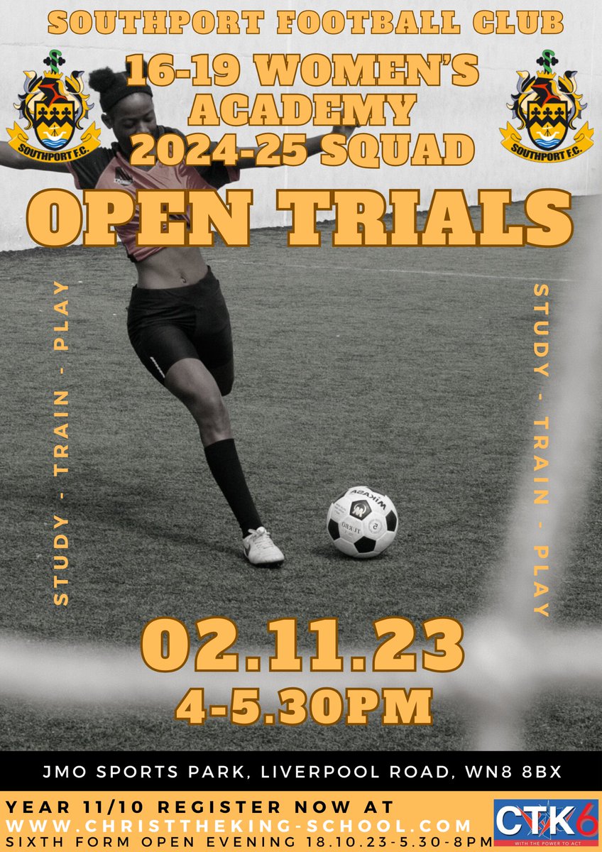 ctk6_form_'s tweet photo. 🚨🚨🚨THURSDAY 2ND NOVEMBER 4-5.3 PM 16-19 WOMEN’S ACADEMY TRIALS 🚨🚨🚨

Head over to https://t.co/T7aHSJnJ7f or DM us for more info.
STUDY 📚 towards your Level 3 / A level qualifications ⚽️ TRAIN to improve your game 🏆 PLAY @southport_fc https://t.co/ReF3lOVuV8