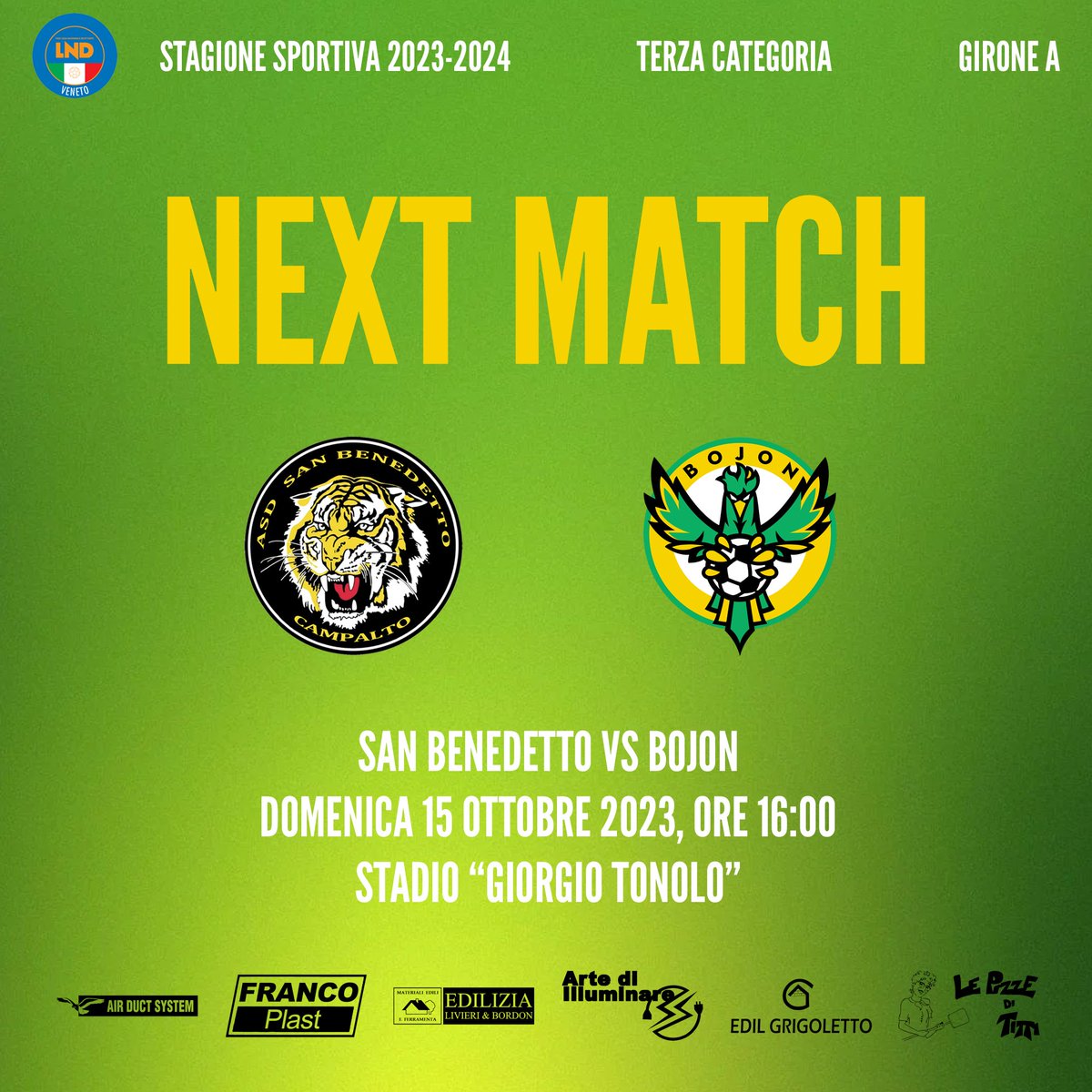 asdbojon's tweet photo. ⚽ SAN BENEDETTO vs. BOJON | 4° GIORNATA | TERZA CATEGORIA

⏰ Domenica 15 Ottobre 2023, ore 16:00

🏟 Stadio "Giorgio Tonolo"

🔰 #bojon #cuoregialloverde #forzabojon https://t.co/KSPKLmKhcm