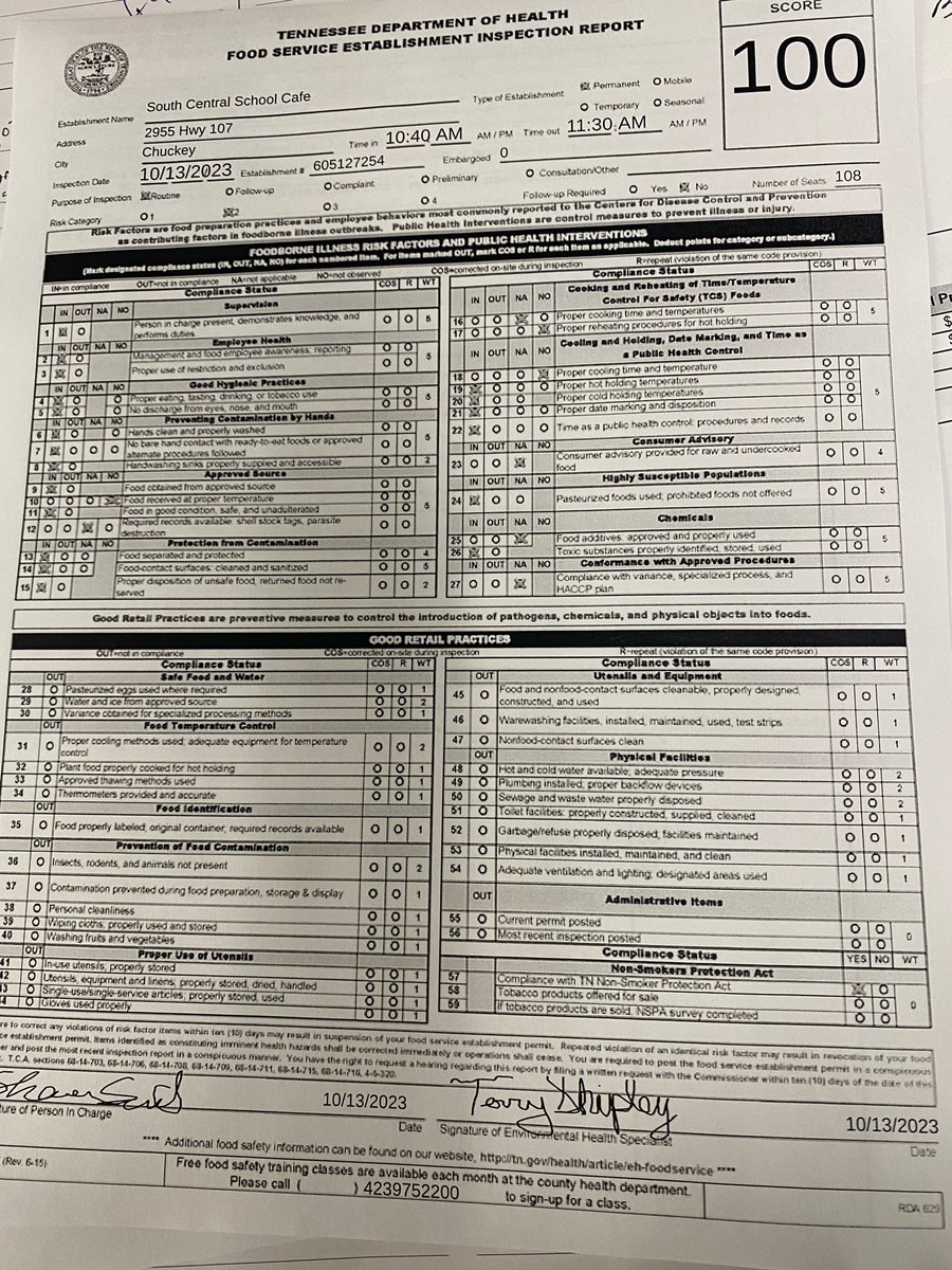 Congratulations to The SCES Cafeteria Staff for their hard work! The health inspector scored them 100% today! <a href="/SCESWildcats/">South Central School</a> <a href="/WCDE_TN/">WashingtonCoSch TN</a>
