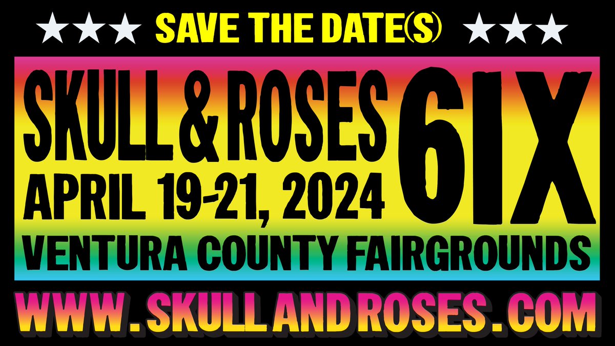 SAVE THE DATES. SKULL &amp; ROSES 6 is April 19-21, 2024!  skullandroses.com
#skullandrosesfest #venturacalifornia #gratefuldead #community
See less