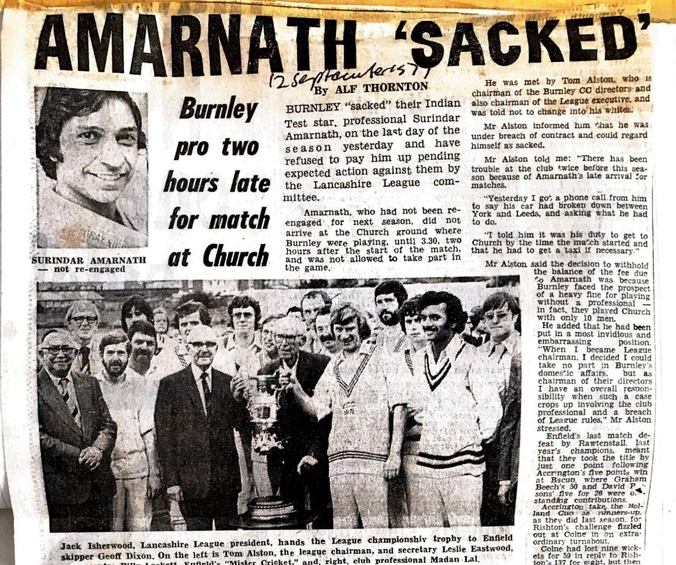 Although the league title had been decided the previous weekend there was still drama on the final day of the 1977 @lancs_league season when @BurnleyCC Pro Surinder Amarnath turns up late and gets told to do one by Chairman Tom Alston.