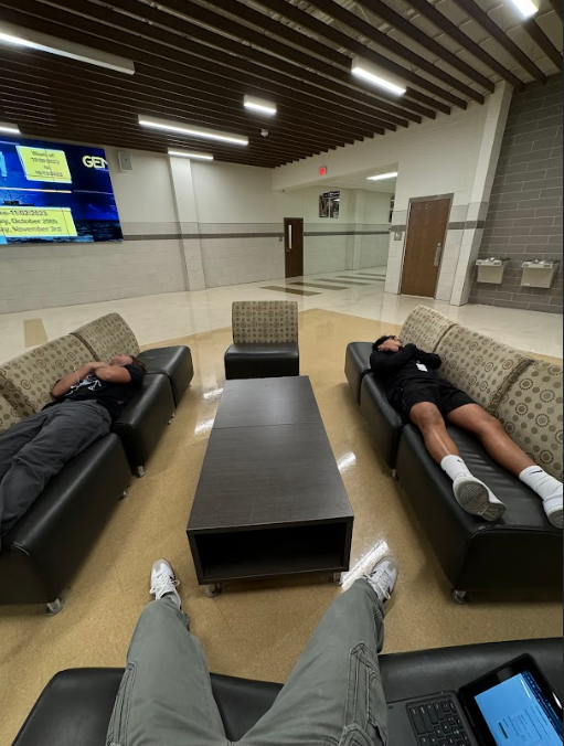 Being a businessman is tiring, but the chairs outside of Ms.P's room make for a great nap. #business #marketing #nap #businesspathway #ghs #granburyhighschool