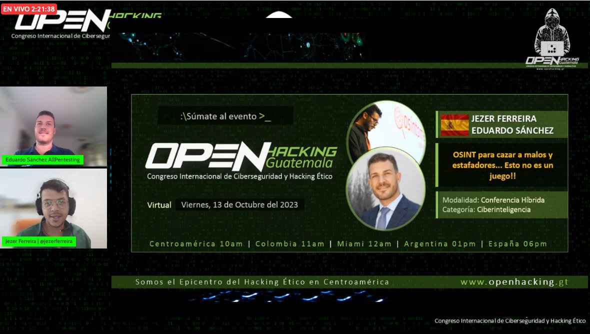 eduSatoe's tweet photo. Empezamos en #OpenHacking Guatemala mi querido @JezerFerreira y un servidor con "OSINT para cazar a malos y estafadores... Esto no es un juego" 

#OSINT #CiberInteligencia #Estafas #Fraudes
https://t.co/yLeVaShi41 https://t.co/UiSeyESxWh