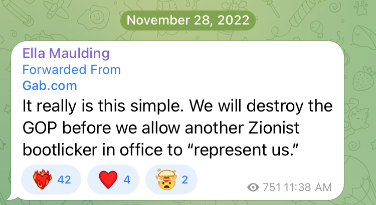 MarkMcCaig's tweet photo. More lies and deflection from the Pale Horse gang. It is not in any conceivable way a "pro-Israel" company.

"We will destroy the GOP before we allow another Zionist bootlicker to "represent us." 

You cannot claim to be "pro-Israel" and put Ella on your payroll- period. #txlege https://t.co/OgEI04yvc2