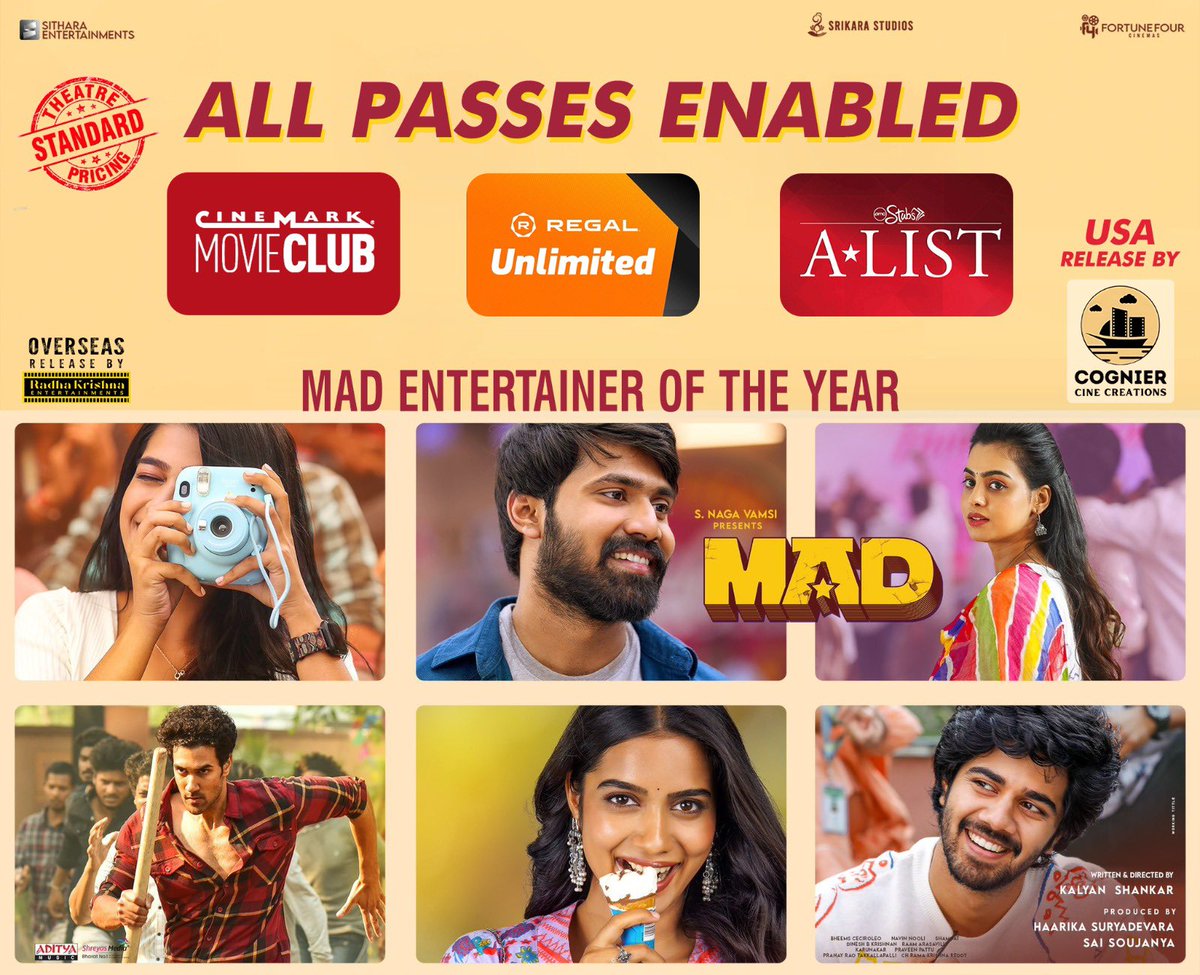 Radhakrishnaen9's tweet photo. MADness continues in USA…with $400k+ with presale on Friday 

All passes enabled 
Additional theatres added with theatre standard pricing*

USA by @CognierCC 

@kalyanshankar23 @vamsi84 #HarikaSuryadevara #SaiSoujanya  @SitharaEnts @adityamusic 
#BlockbusterMAD https://t.co/Ehoo6OvVzm