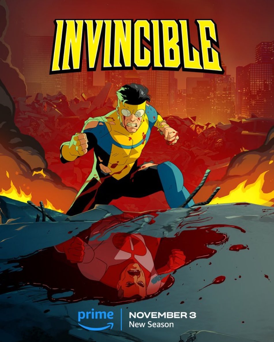 SitoCinema's tweet photo. Nuevo póster 🔥 de la segunda temporada de 'INVINCIBLE'.

Estreno en #AmazonPrime el 3 de noviembre. https://t.co/NHxKeRf3oj