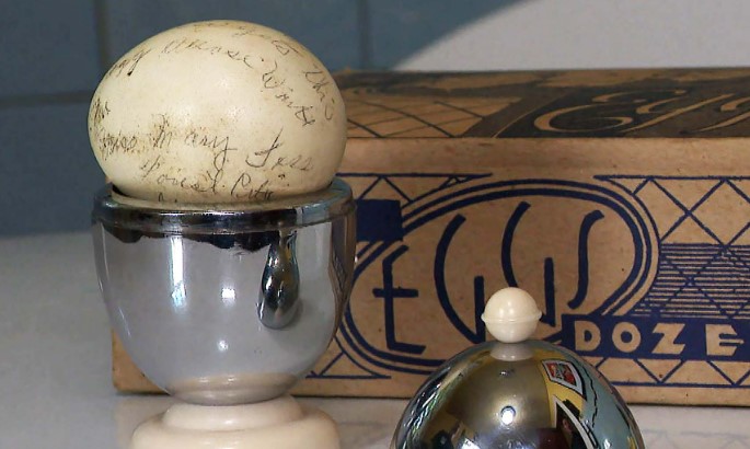 stevesolomon's tweet photo. Someone wrote a message on this egg and then 72 years later it was found and brought back to her.  That and other amazing stories on today's show with @scottlinn_ and me.  Subscribe and listen at https://t.co/ON6lteyw2K https://t.co/gEhT64QO2v