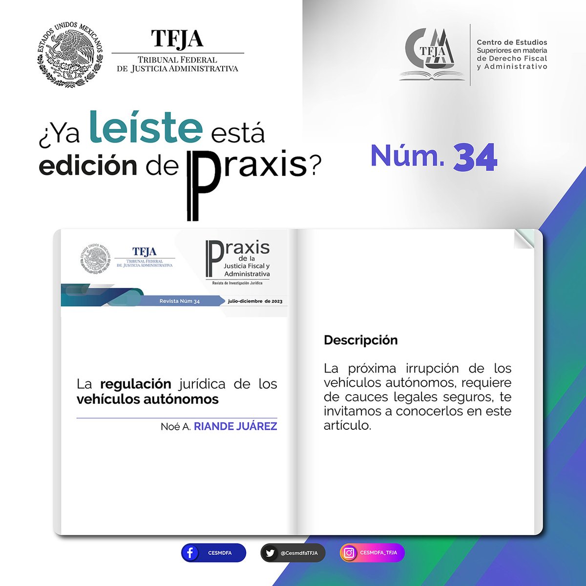 ¿Ya leíste nuestro artículo de 📘PRAXIS no. 34📖 referente a los vehículos autónomos?
Encuentra este y más artículos en: 👉https:www.//tfja.gob.mx/investigaciones/
#TFJA
#CESMDFA
#PRAXIS
#vehiculosautonomos