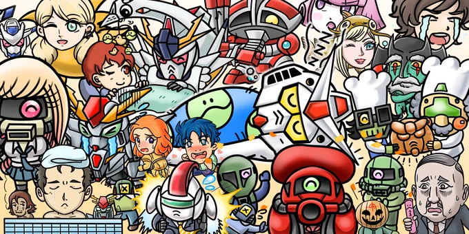 今まで描いたSDガンダムパロディをツメツメにするだけでも結構見ごたえあるかも!? #とにかくワチャーッと集合してる絵を晒す見た人もやる 