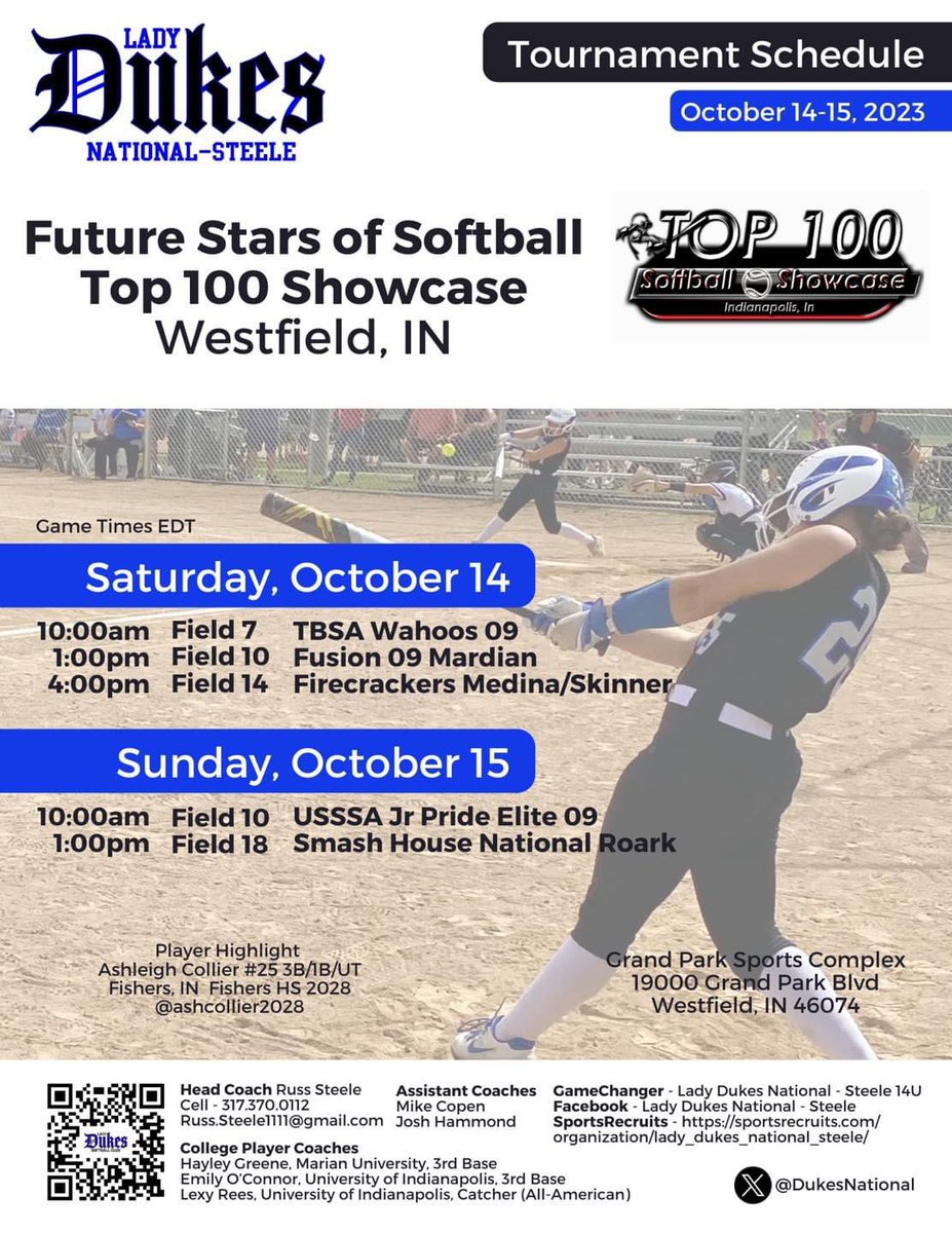 Come check out our games this weekend at Grand Park. Top 100 showcase tournament. Game times are below.