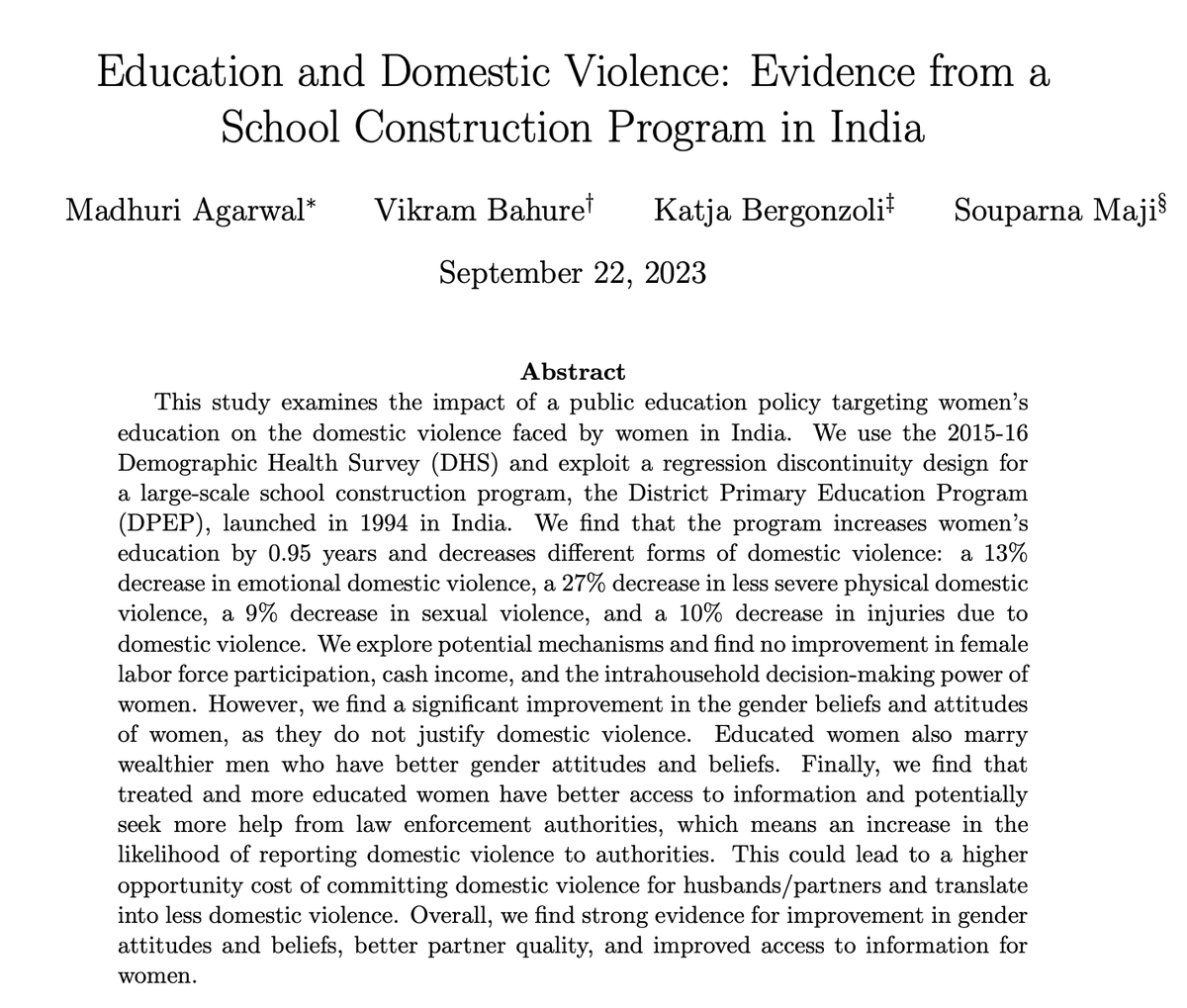 Sites_DevEcon's tweet photo. 📢📢New #SITES Working paper on  Education and Domestic Violence: Evidence from a School Construction Program in India, by Madhuri Agarwal, Vikram Bahure, @katjabergonzoli, Souparna Maji,
Link to paper: https://t.co/DH8EvFcfN1 https://t.co/Xk4eXVtceP