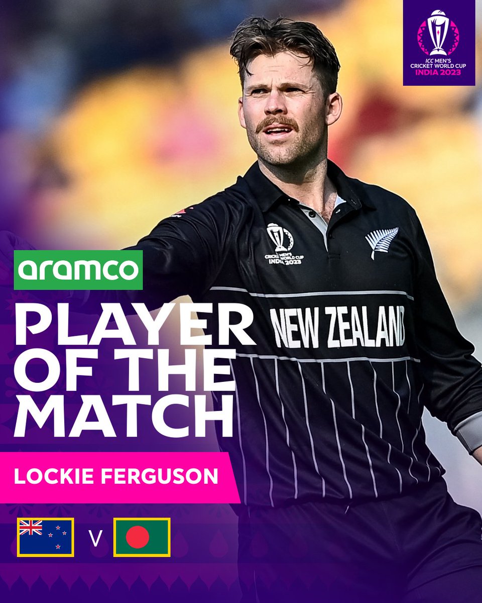 ICC's tweet photo. Lockie Ferguson is awarded the @aramco #POTM for his starring show with the ball, having returned excellent figures of 3/49 🌟

#CWC23 #NZvBAN https://t.co/mhFGF4pQbX