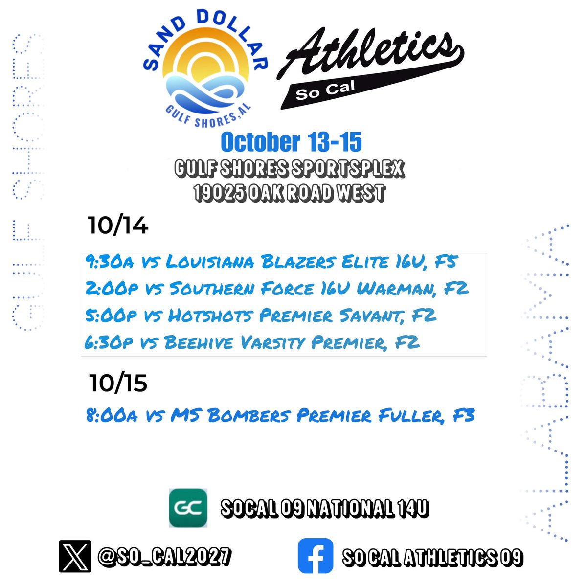 Location change for the Sand Dollar this weekend, now at Gulf Shores Sportsplex. Come check us out! @SoCal_2027 @SBRRetweets @SoftballDown @ExtraInningSB @DirectRecruits @TopPreps @MaxPreps @SoCalAsOrg