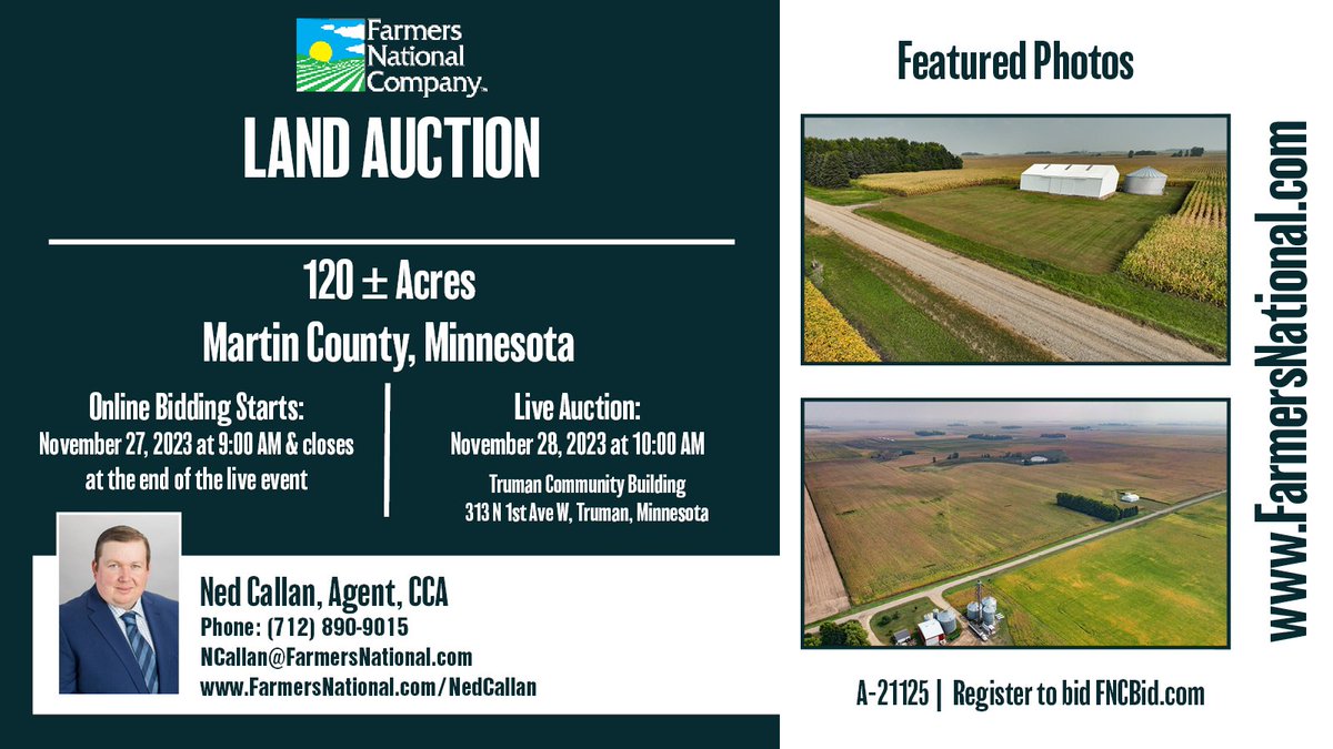Land Auction!
Simulcast - live and online.
120 acres in Martin County, Minnesota.

Highly tillable farm with mid-80s CPI. Open lease for 2024. Located near strong grain markets!

🔗: fncrealestate.com/properties/a-2…

#minnesota #farmland