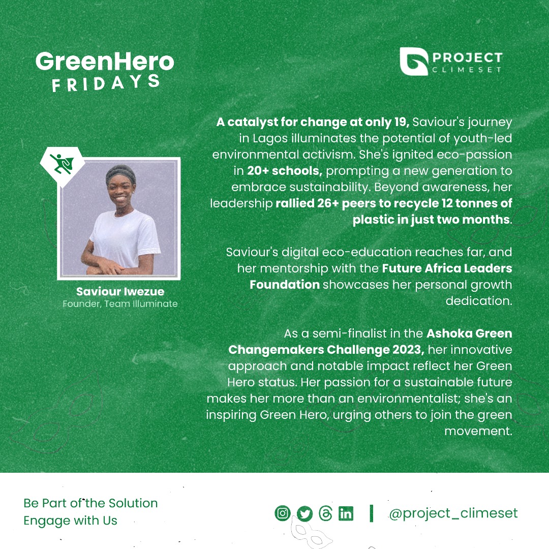 Meet , Saviour Iwezue, a climate change advocate, inspiring young ones in Lagos, Nigeria to take action towards building a sustainable earth through her initiative, @Team Illuminate.
#GreenHeroes #ClimateAction