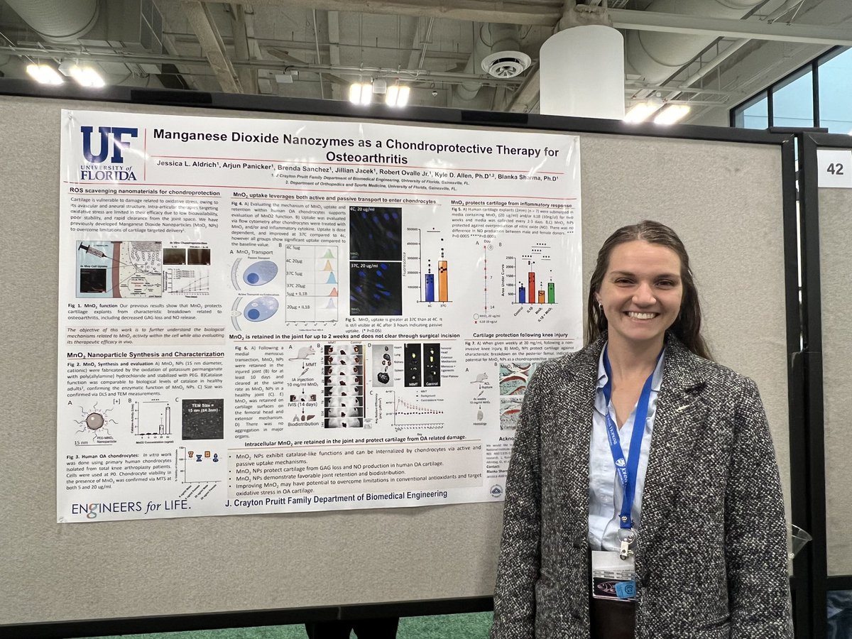 Jessica Aldrich presenting her work on the development of a nanozyme technology as a chondroprotective therapy for osteoarthritis. <a href="/JessicaAldrich/">Jessica Aldrich</a> <a href="/BlankaSharma/">Blanka Sharma</a> <a href="/OrthoBME/">Kyle Allen</a> #BMES2023