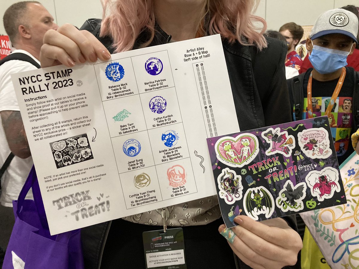 I’m at #nycc this year! Come visit <a href="/rebeccamock/">R. Mock ➡️ GalaxyCon Columbus #E3</a> and I at table B32 in Artist’s Alley!
I am also participating in a stamp rally with a bunch of other amazing artists in our row– come get your stamps from us and win a spooky sticker sheet!