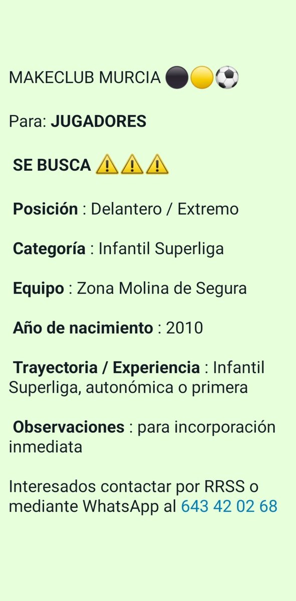 SE BUSCA 🚨🚨🚨
DELANTERO 2010
🟡⚫⚽
Interesados MD y WhatsApp