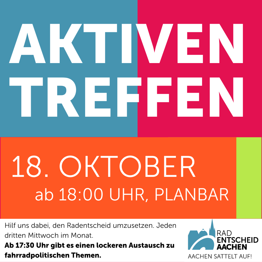RadentscheidAC's tweet photo. Am Mittwoch den 18. Oktober findet ab 18 Uhr unser Aktiventreffen in der Planbar (Theaterplatz 7) statt.
Alle die Lust haben, sich für einen sicheren Radverkehr in Aachen einzusetzen, sind herzlich eingeladen.🚴‍♀️🚴‍♂️
Ab 17:30: Lockerer Austausch zu fahrradpolitischen Themen https://t.co/Xn8J0RLc3q
