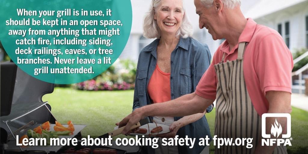 Remember, safe cooking applies to the outdoors, too! Keep your barbecue away from anything that might catch fire, and never leave your grill unattended! #FirePrevention #FirePreventionWeek #CookingSafety #cookingsafetystartswithyou #firesafety