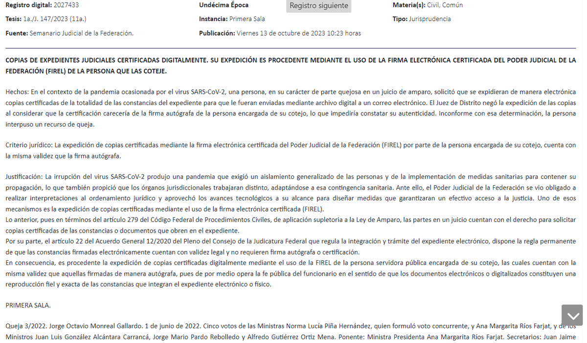 JonathanLpezTor's tweet photo. ⚠️Jurisprudencia de la Primera Sala de la SCJN publicada hoy:
COPIAS DE EXPEDIENTES JUDICIALES CERTIFICADAS #DIGITALMENTE. SU EXPEDICIÓN ES #PROCEDENTE MEDIANTE EL USO DE LA FIRMA ELECTRÓNICA CERTIFICADA DEL PODER JUDICIAL DE LA FEDERACIÓN (#FIREL) DE LA PERSONA QUE LAS COTEJE. https://t.co/1ZjqOvtFcU
