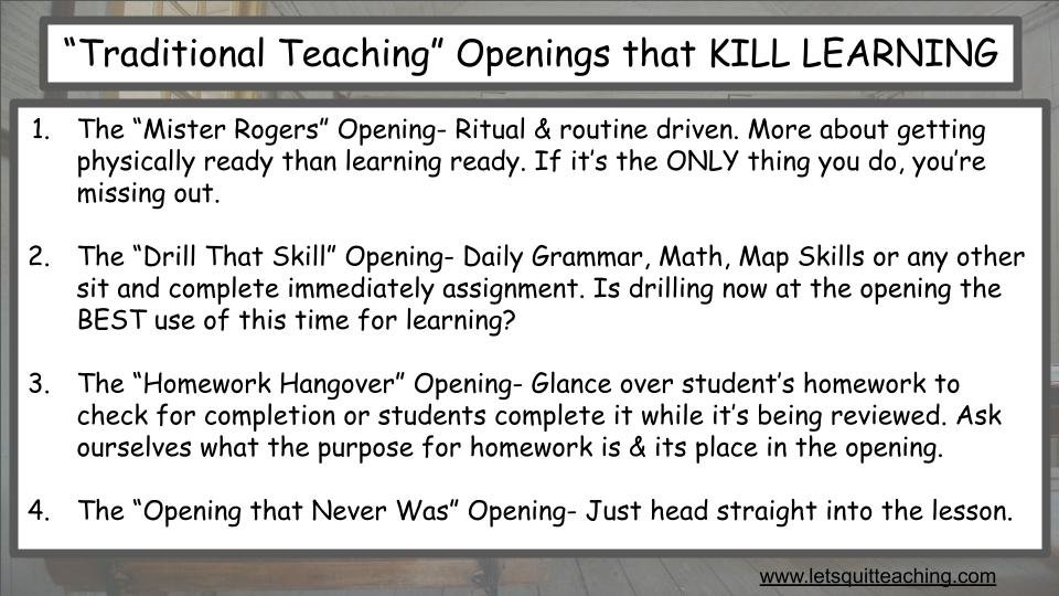 letsquitteachin's tweet photo. How to change from TEACHING to LEARNING #4:  

Instead of a "Do Now/Bellringer" about preparation, drilling a skill, or reviewing homework.
TRY 
Opening by activating prior knowledge &amp; curiosity about the learning of the day. https://t.co/iS7VfDnQow