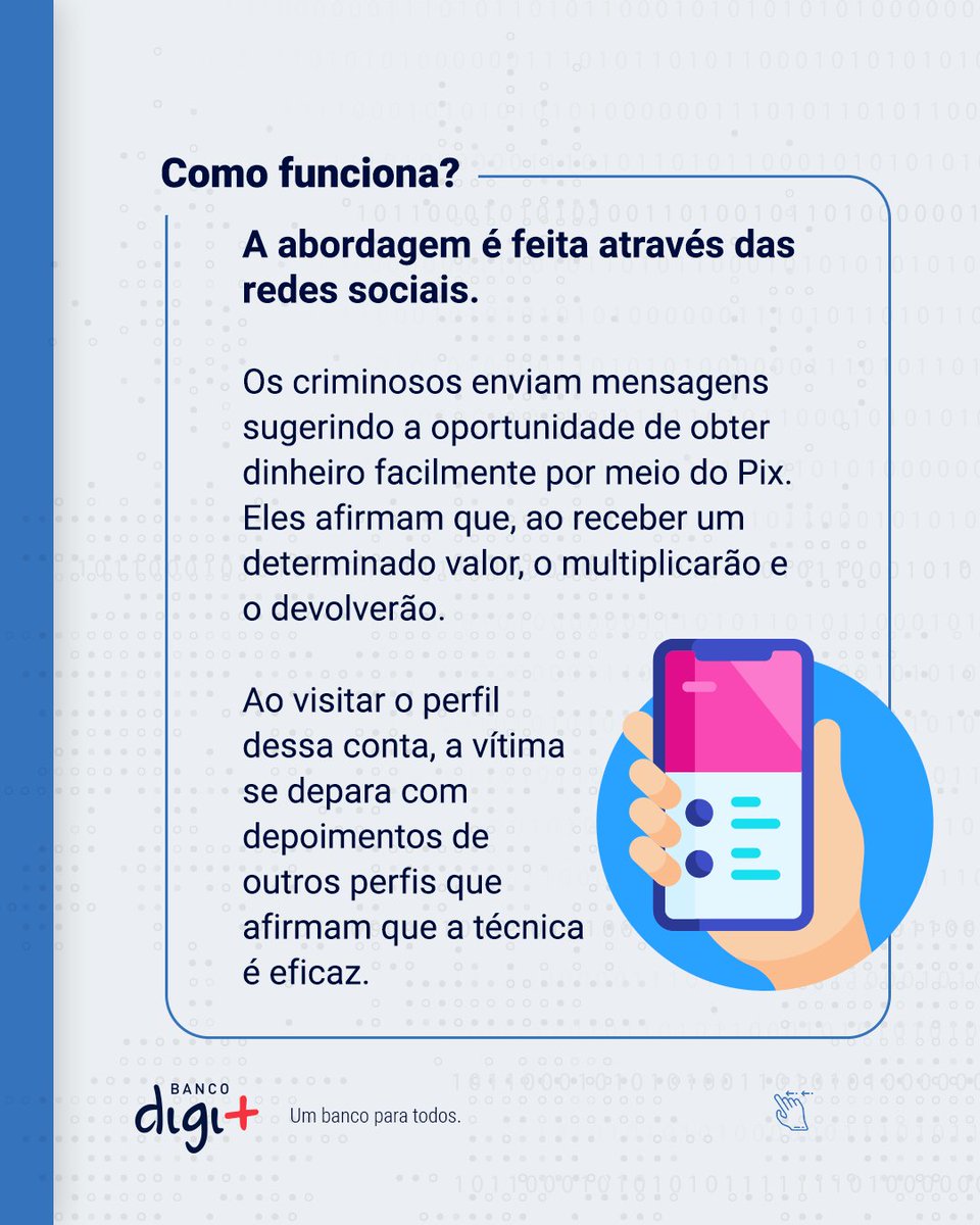 Bancodigimais's tweet photo. Conheça o golpe do Pix Multiplicador, também chamado de Robô do Pix! 🔐

Proteja-se seguindo as dicas do Dr. Fraude!

#digimais #bancodigimais #bancodigital #bancoonline #app #portaldigimais #banco #contadigital #rendimento #financeiro https://t.co/yQhUkPeqxs