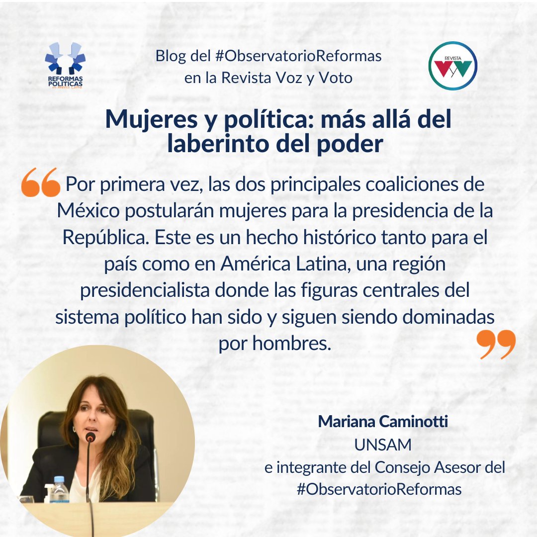 📢 #BlogObservatorioReformas

Lee “Mujeres y política: más allá del laberinto del poder” el nuevo artículo del Blog del #ObservatorioReformas con la <a href="/revistavyvmx/">Voz y Voto</a>, escrito por Mariana Caminotti [<a href="/MCaminotti1/">Mariana Caminotti</a>]
⬇️
bit.ly/3S0dJZu