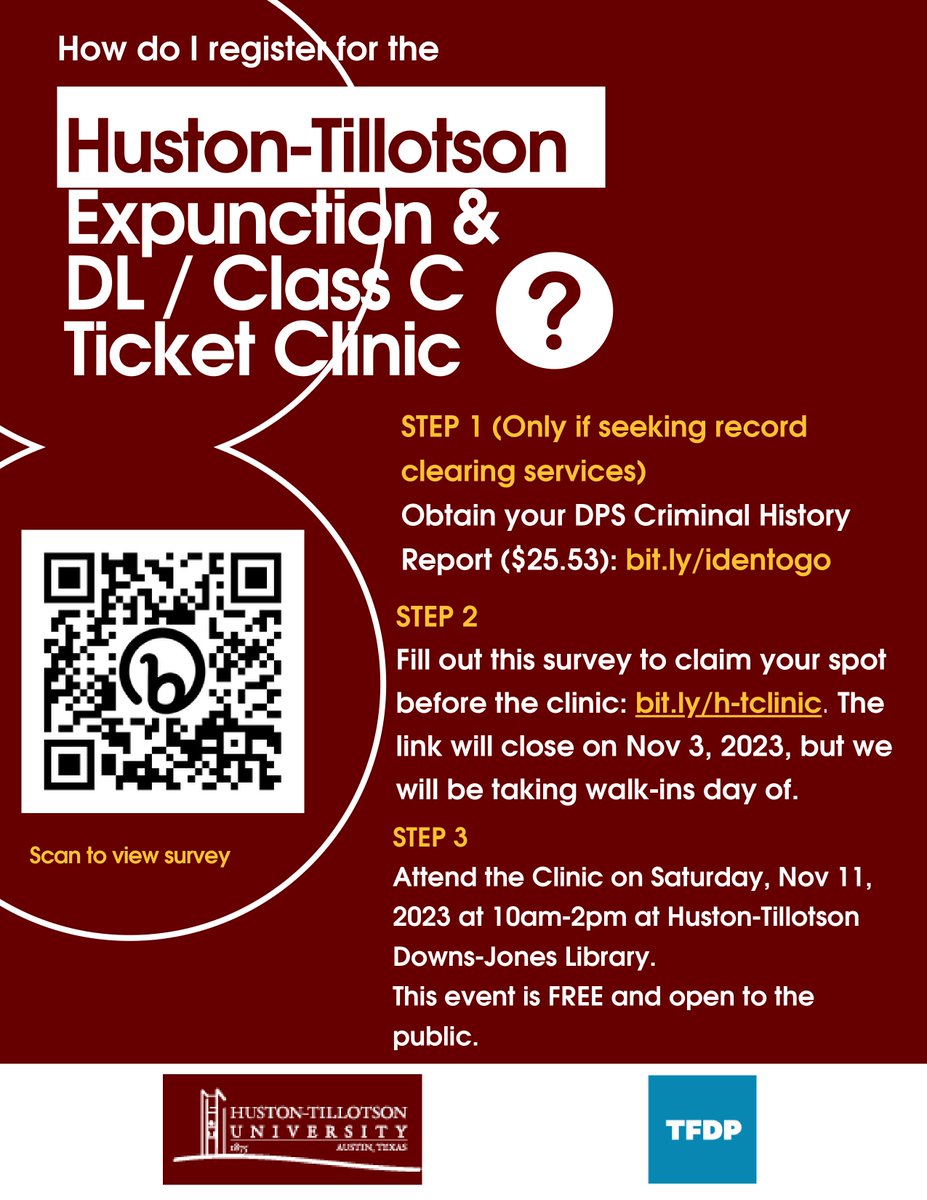 Registration is open for our record clearing & Class C/Driver's License clinic with Huston-Tillotson University on 11/11. Sign up here tinyurl.com/yds6zzjz