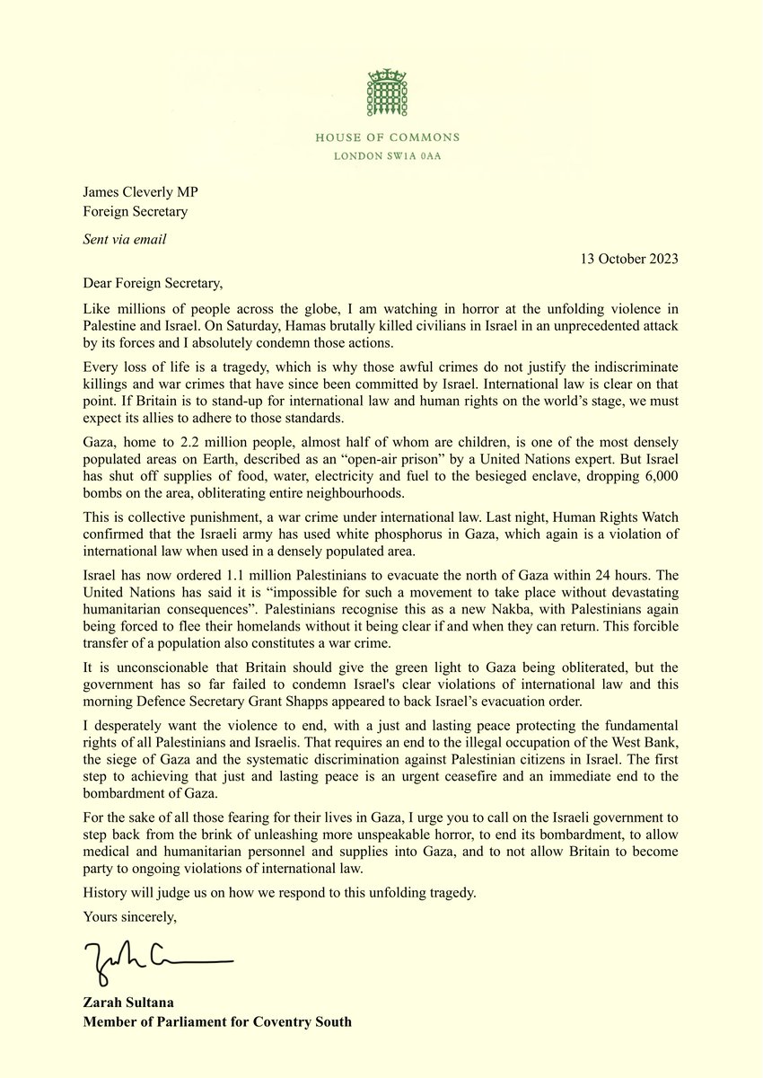 Israel has ordered 1.1 million Palestinians in Gaza to evacuate, which the UN says is "impossible without devastating humanitarian consequences".

I have called on the government to uphold international law and to not give Israel the green light to Gaza being obliterated: