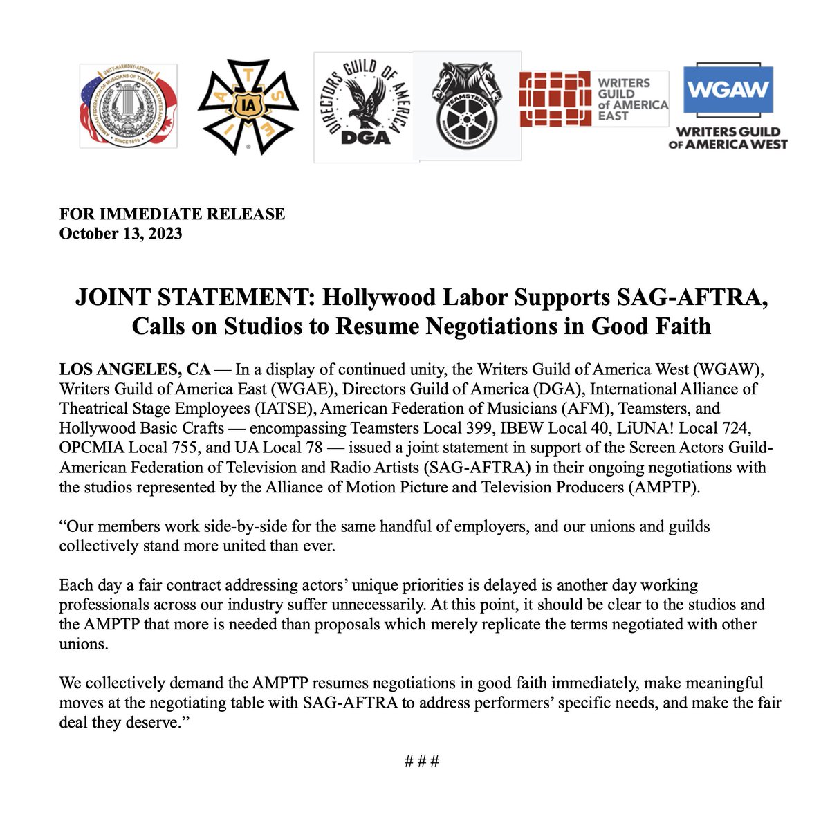 IATSE's tweet photo. BREAKING: Hollywood Labor Releases Joint Statement Supporting SAG-AFTRA, Calls on Studios to Resume Negotiations.

"Each day a fair contract addressing actors’ unique priorities is delayed is another day working professionals across our industry suffer unnecessarily." https://t.co/BBcmgPOixa