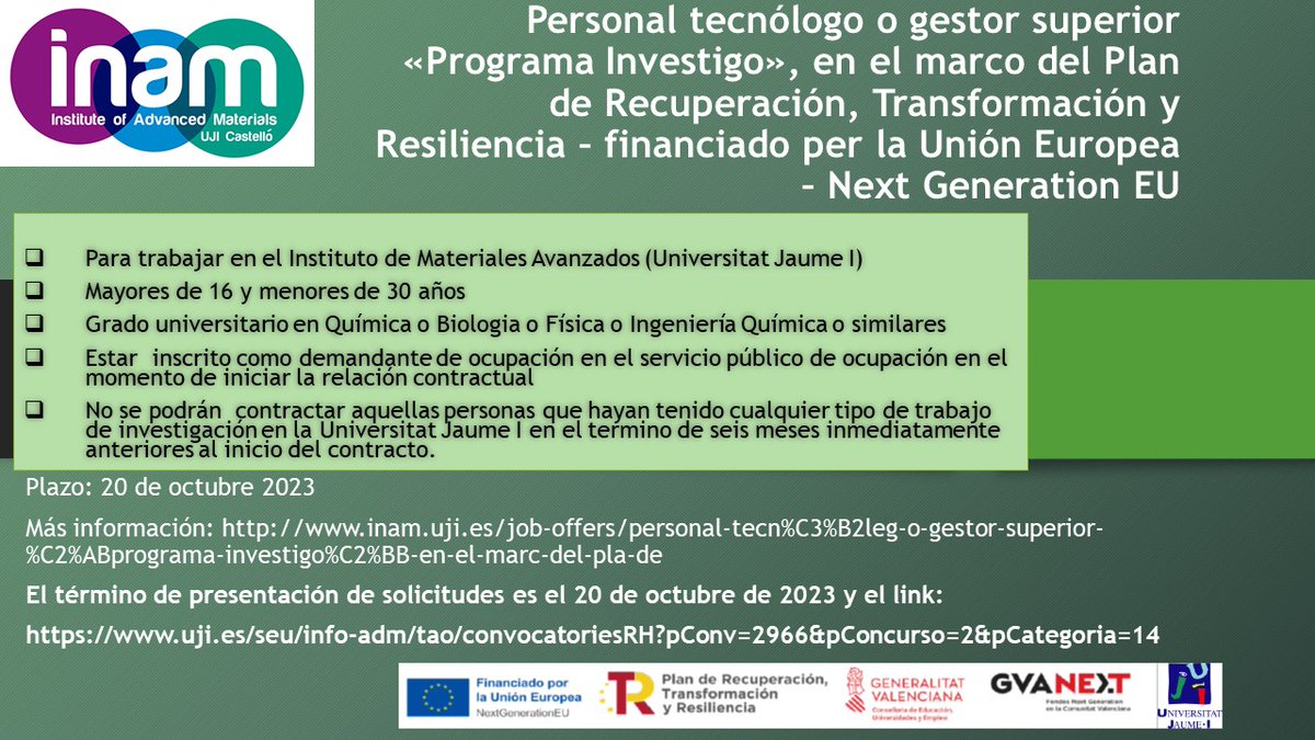 INAM UJI (@inam_uji) on Twitter photo En el INAM hemos conseguido la ayuda del programa Investigo para la contratación de personas jóvenes demandantes de empleo de la <a href="/GVAeducacio/">GVA Educació</a>
🗓️Fecha límite presentación solicitudes: 20 de octubre de 2023
👉Info: inam.uji.es/job-offers/per… En el INAM hemos conseguido la ayuda del programa Investigo para la contratación de personas jóvenes demandantes de empleo de la <a href="/GVAeducacio/">GVA Educació</a>
🗓️Fecha límite presentación solicitudes: 20 de octubre de 2023
👉Info: inam.uji.es/job-offers/per…