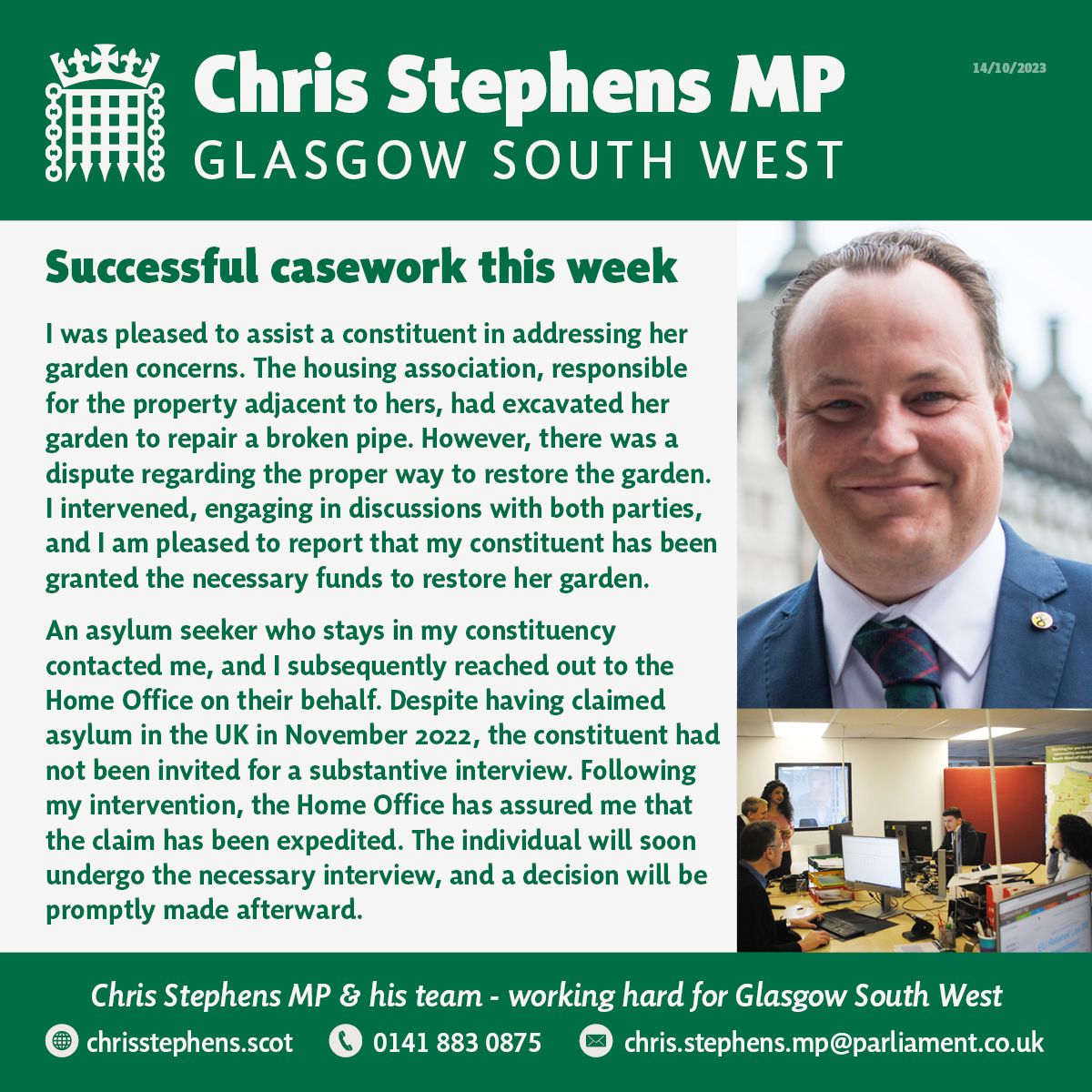 ChrisStephens's tweet photo. Highlighting a few accomplishments from the past week 🌟📅 If you need assistance or guidance, feel free to reach out to my office. You can also arrange a meeting during one of my weekly surgeries by calling 0141 883 0875. #GlasgowSouthWest #SNP #ReadyToAssist https://t.co/qK6hboFYzH
