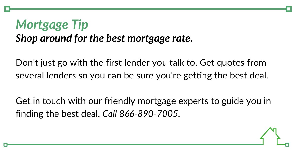 AFCMortgages's tweet image. Mortgage Tip:
Shop around for the best mortgage rate. Don't just go with the first lender you talk to. Get quotes from several lenders so you can be sure you're getting the best deal. 

#MortgageRateShopping #MultipleQuotes #BestDealSearch