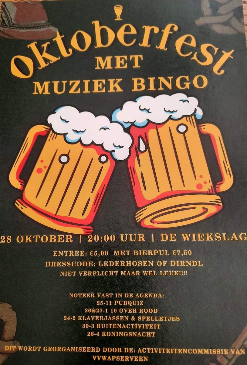 28 oktober(fest) met muziekbingo in de Wiekslag Wapserveen