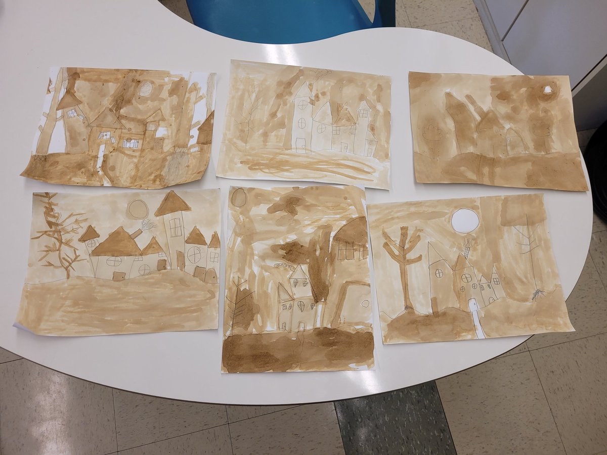 Ever tried painting with instant coffee? My students @SMA_Mystic made some pretty cool looking haunted houses using this method today!