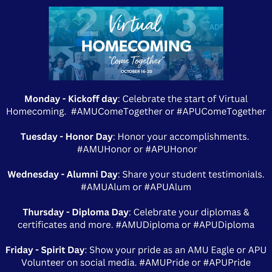 Check out this preview of the themes for Homecoming week and start planning out your shares! 

Where do you display your diploma???

#AMUCometogether #APUCometogether #APUSReads
@AmericanMilU @AmericanPublicU @APUSPRteam