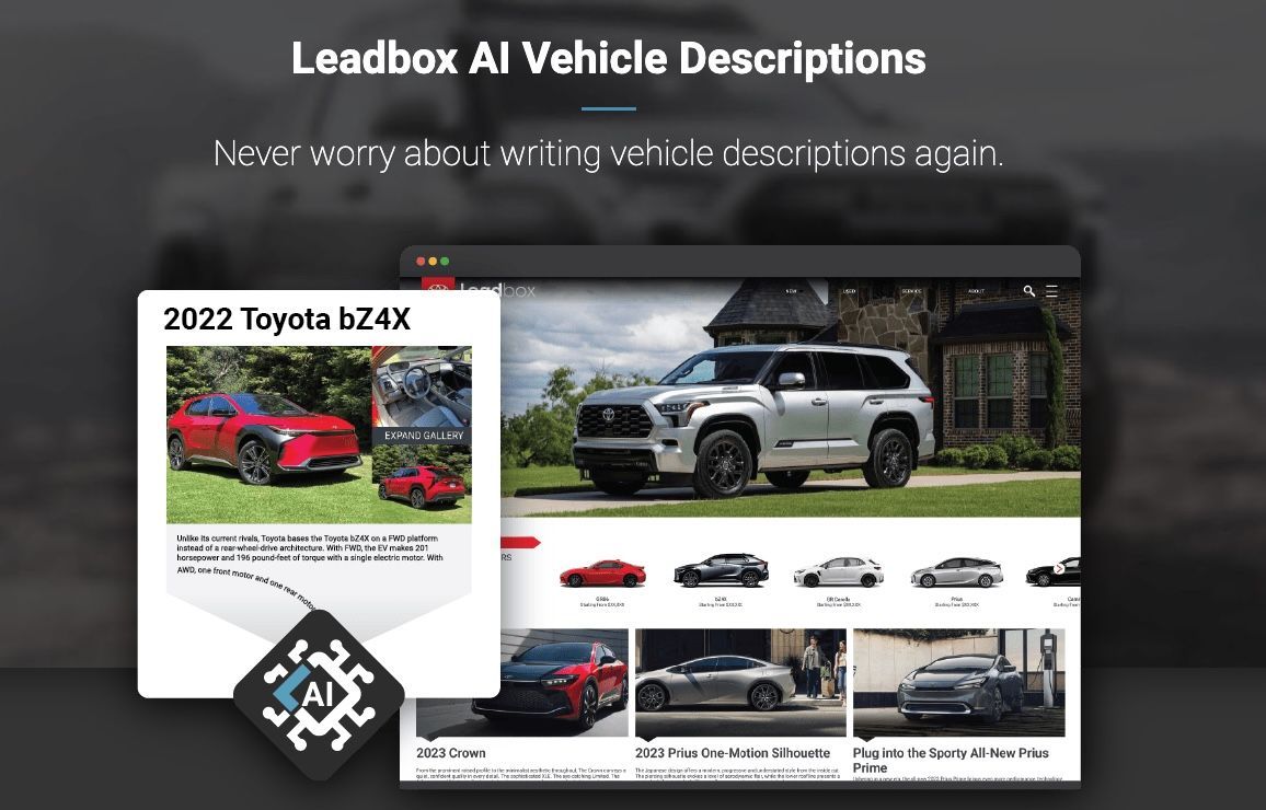 Leadbox's tweet image. Leadbox AI Vehicle Descriptions automatically generates accurate, well-formed, and SEO-friendly vehicle descriptions for all the vehicles on your Dealership website.

Learn more: buff.ly/3NB1a3X 

#automarketing #autodealers