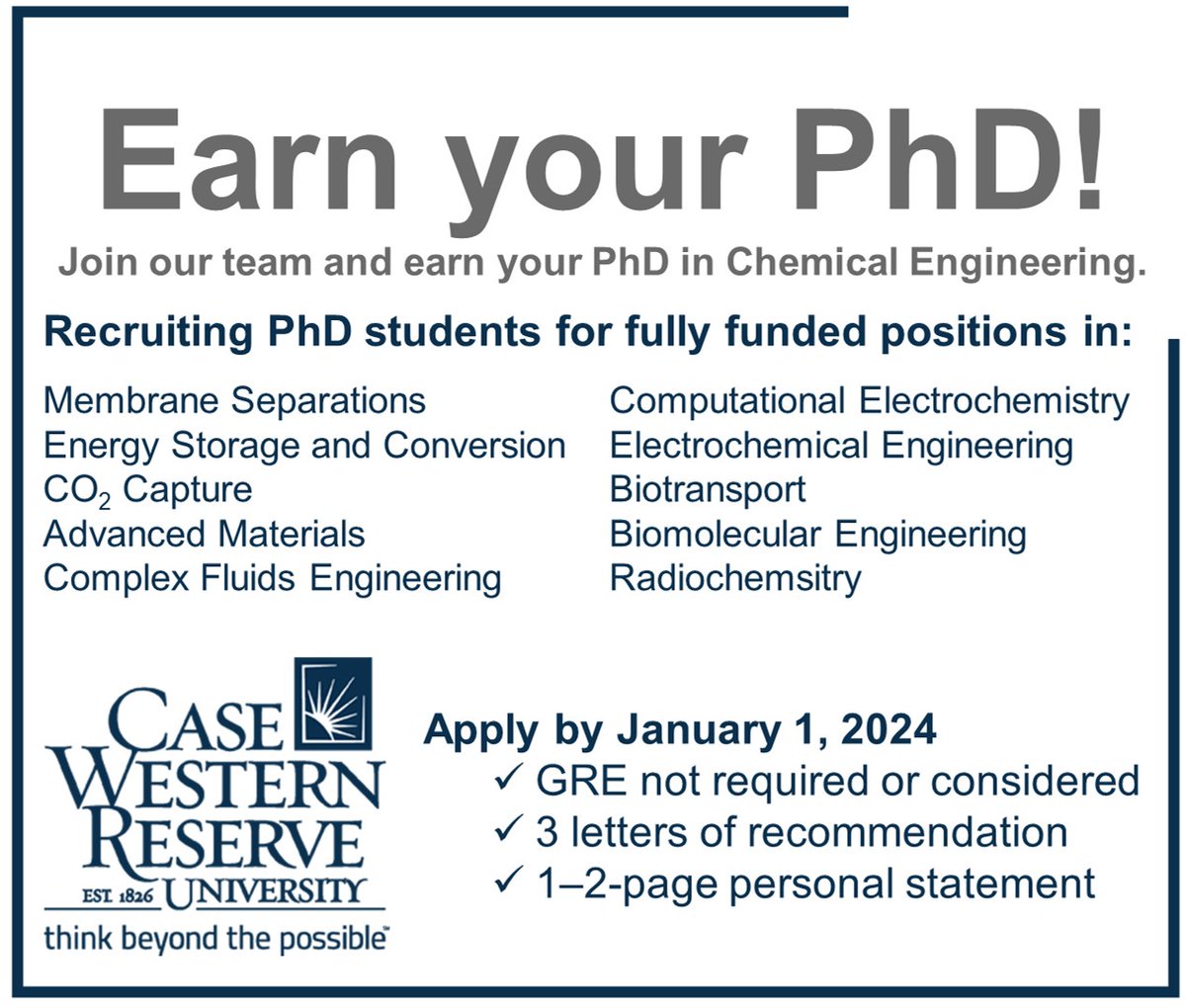 CWRU Chemical and Biomolecular Engineering (@cwru_chbe) on Twitter photo Thinking about grad school? Dive into cutting-edge research and meet our amazing faculty at <a href="/CWRU_ChBE/">CWRU Chemical and Biomolecular Engineering</a>'s virtual open house on 10/20!
- No GRE? No worries. 🎓
- We value diversity and unique paths. 🌍
- Join us: tinyurl.com/yc3mxvwx. Please RT! 🚀 Thinking about grad school? Dive into cutting-edge research and meet our amazing faculty at <a href="/CWRU_ChBE/">CWRU Chemical and Biomolecular Engineering</a>'s virtual open house on 10/20!
- No GRE? No worries. 🎓
- We value diversity and unique paths. 🌍
- Join us: tinyurl.com/yc3mxvwx. Please RT! 🚀