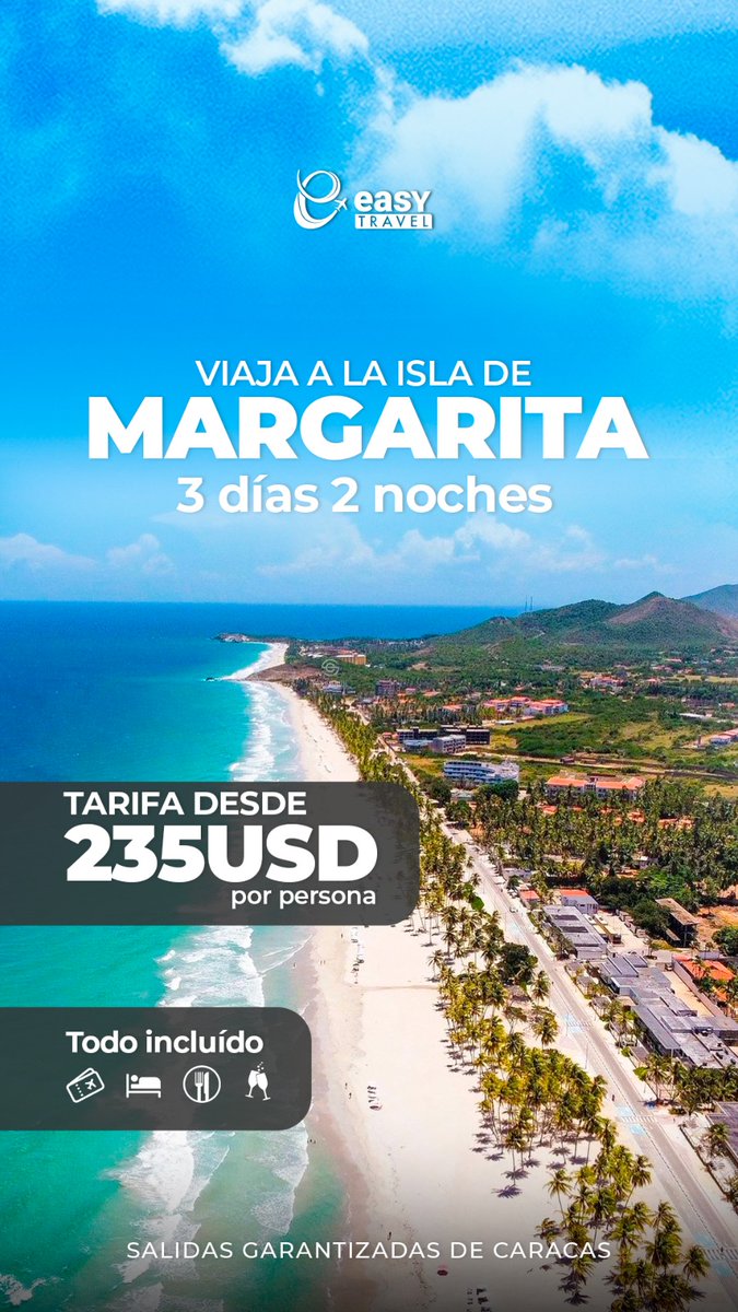 🔆 ¡Desconectate en la Isla de Margarita!

✈️ Boletos aéreos. 
🚐 Traslado aeropuerto/hotel/aeropuerto.
🍽️ Todas las comidas, snacks y bebidas nacionales ilimitadas. 
🥳 Animación y recreación diurna y nocturna.
🏤 Hospedaje  3D/2N.

#ElMejorViajeDeMiVida #Venezuela #viajar