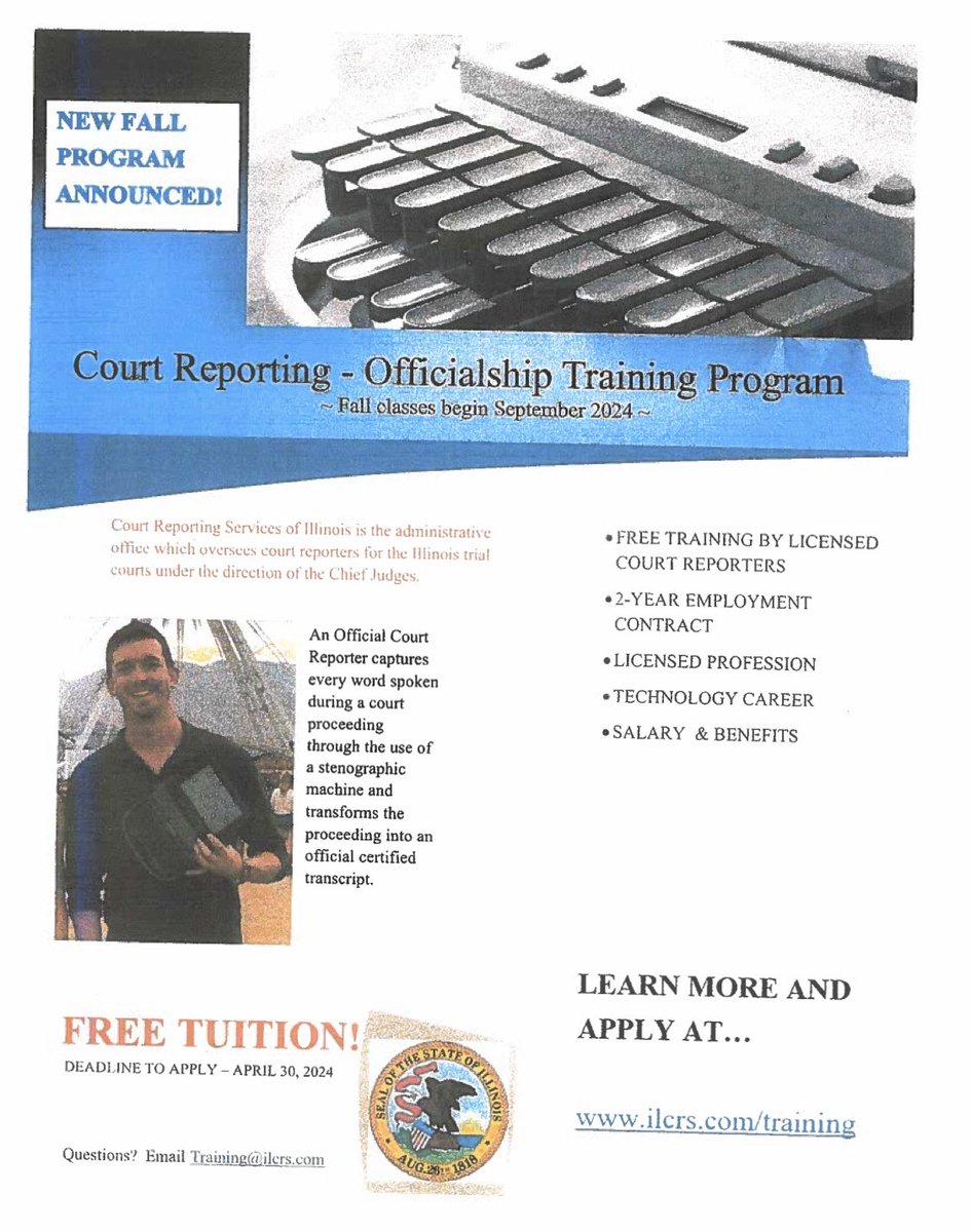 A great opportunity for students or parents looking to switch career fields Please pass along!! #CourtReporting @ISBEnews @SouthCookISC @StateofIllinois