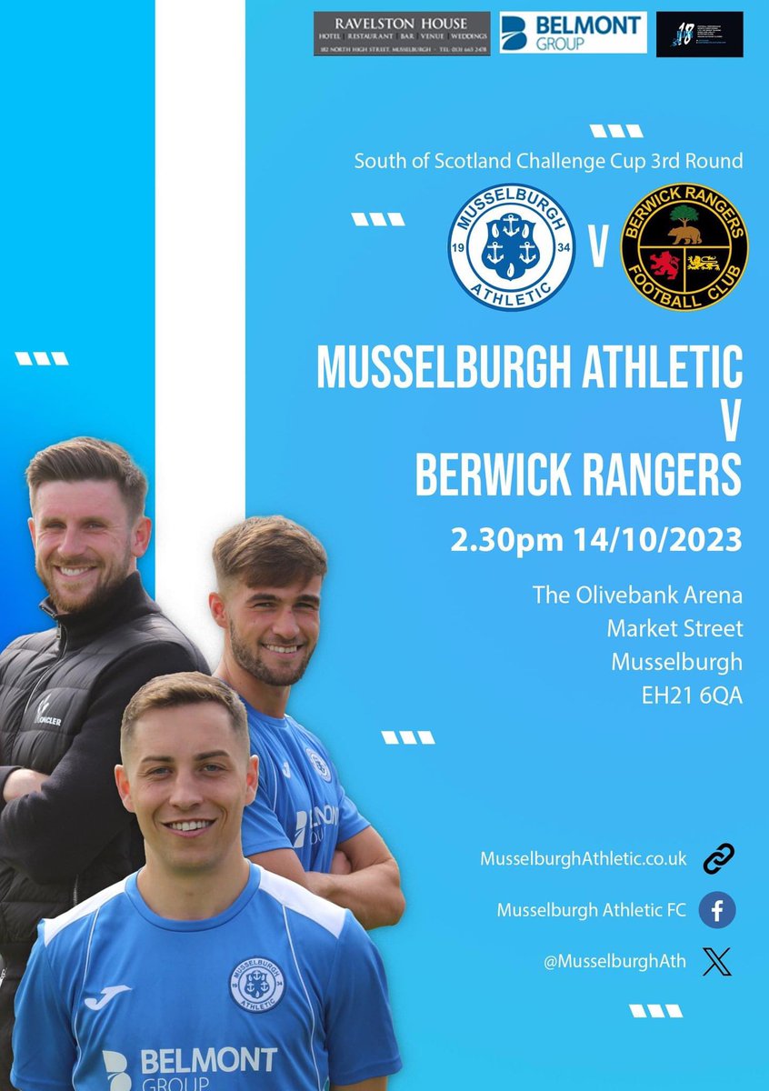 Tomorrows match!! 

We welcome lowland league side <a href="/OfficialBRFC/">Berwick Rangers</a> to The Olivebank Arena in round 3 of the South of Scotland challenge cup.

📅 14/10/2023
🆚 Berwick Rangers
🏟️The Olivebank Arena
🎟️ Adults £8 / Concessions &amp; U16 £4
🏆 South of Scot. Challenge Cup
⌚️2:30pm